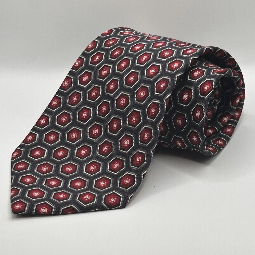 Pierre Cardin 100% Silk Men's Neck Tie Black Gray Red Hand Made‎ Geometric 58X4